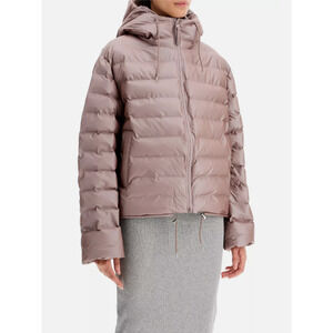 Rains Lohja Short Pink Rose Unisex Puffer Jacket Shiny Reflect Quilt Zip Hoodie